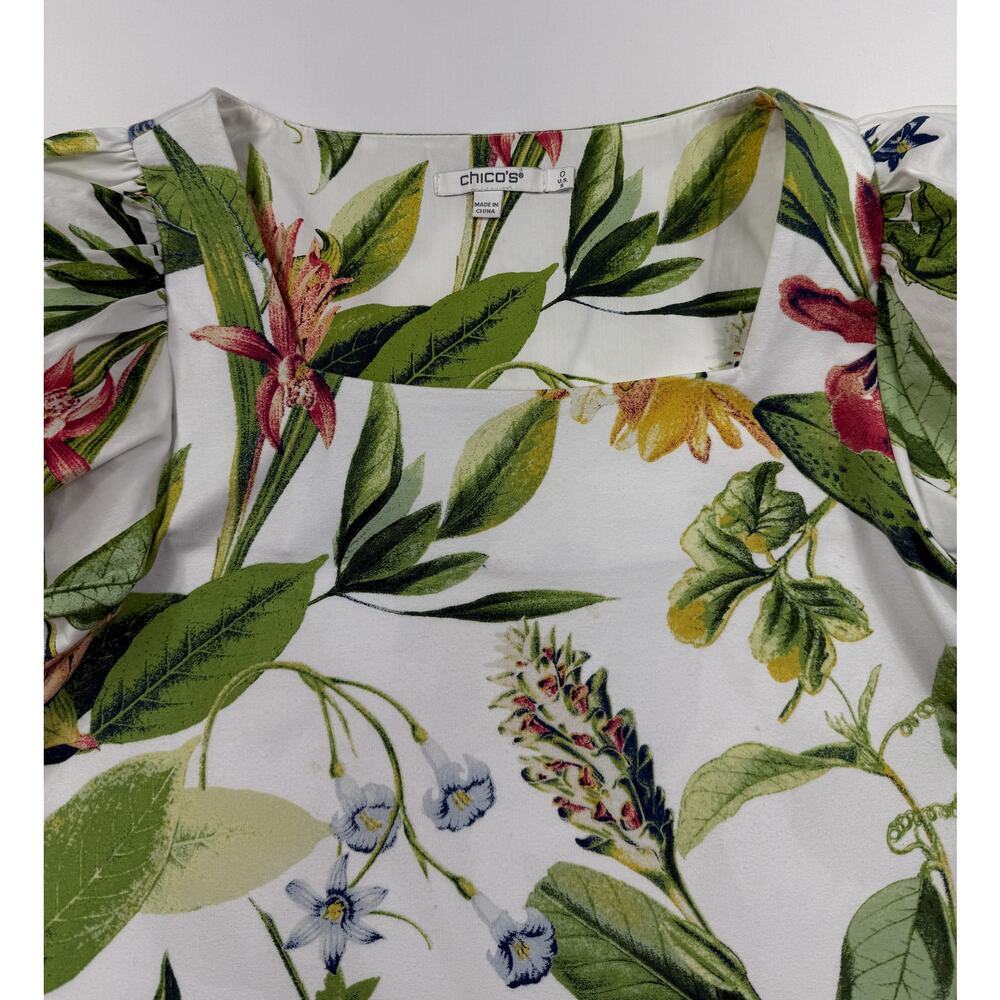 Chico's Floral Tropical Blouse size 0 US M puff sleeve square neck cotton blend - Picture 3 of 10